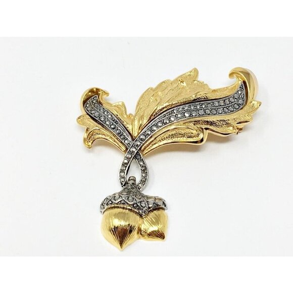 Vintage Avon Gold & Silver Leaf Acorn Brooch With Rhinestones - Picture 1 of 6